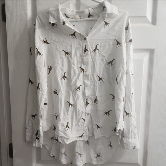 Women's Jane & Delancey White Giraffe Blouse Animal Casual Flowy High Low Large - Picture 1 of 6